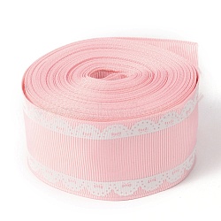 Polyester Printed Grosgrain Ribbon, Single Face Lace Pattern, for DIY Handmade Craft, Gift Decoration  , Pink, 1-1/2 inch(38mm), 10 yards/roll(9.14m/roll)(OCOR-I010-06A)