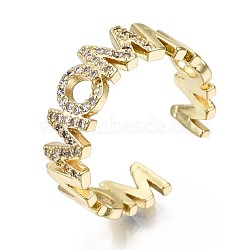 Brass Micro Pave Clear Cubic Zirconia Cuff Rings, Open Rings, Mother's Day Gifts, Nickel Free, Word Mom, Real 16K Gold Plated, Inner Diameter: 16mm(RJEW-S044-109-NF)