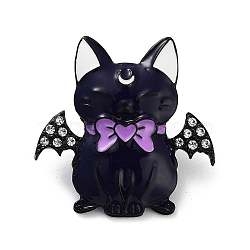 Black Alloy Brooches, Enamel Pins, with Rhinestone, Cat, Purple, 29x29x4mm(JEWB-C032-08C-EB)