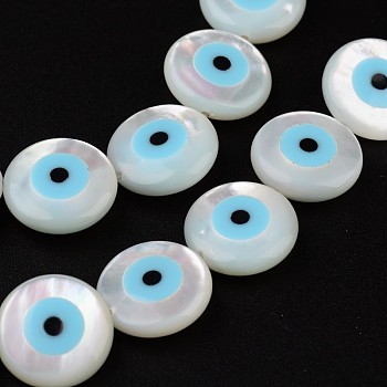 Natural Shell Beads, Flat Round with Evil Eye, White, 12x3.5mm, Hole: 1mm