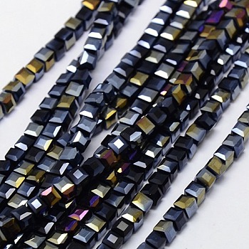 Electroplate Glass Bead Strands, AB Color Plated, Faceted, Cube, Black, 4x4x4mm, Hole: 1mm, about 98pcs/strand, 15.7 inch