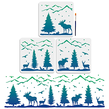 US 1 Set PET Hollow Out Drawing Painting Stencils, with 1Pc Art Paint Brushes, for DIY Scrapbook, Photo Album, Mountain & Tree, Deer Pattern, Stencils: 300x300mm, 3pcs/set, Brushes: 169x5mm, 1pc