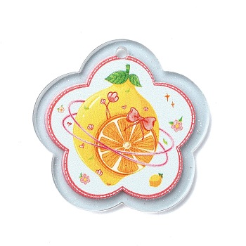 Transparent Printed Acrylic Pendants, Flower, Lemon, 37x38x2.5mm, Hole: 2mm