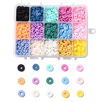150G 15 Colors Handmade Polymer Clay Beads, Heishi Beads, for DIY Jewelry Crafts Supplies, Disc/Flat Round, Mixed Color, 6x1mm, Hole: 2mm, 10g/color