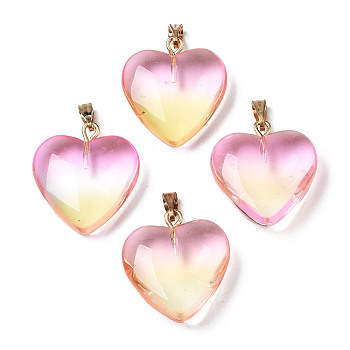 Two Tone Spray Painted Glass Pendants, with Golden Plated Iron Bails, Heart, Champagne Yellow, 22x20.5x7mm, Hole: 6x2mm