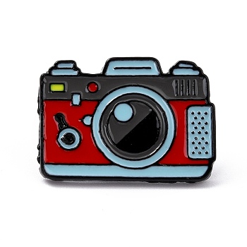 Alloy Enamel Brooches, Enamel Pin, with Clutches, Camera, Electrophoresis Black, Red, 19x26.5x9.5mm, Pin: 1.2mm