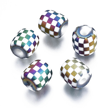 Electroplate Glass Beads, Frosted, Column with Grid Pattern, Colorful, 11.5x11.5mm, Hole: 2.5mm, about 100pcs/bag