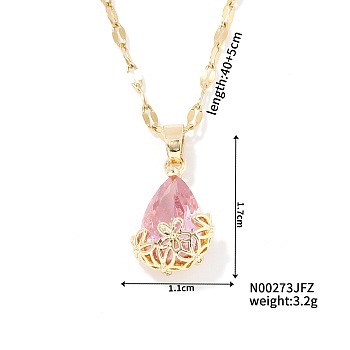 Mini 3D Fashionable Cute Versatile Elegant Brass Glass Teardrop Pendant Necklaces, Pearl Pink, 15.75 inch(40cm)