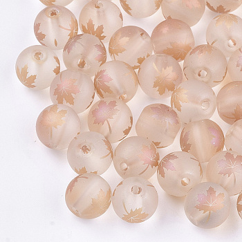 Autumn Theme Electroplate Transparent Glass Beads, Frosted, Round with Maple Leaf Pattern, Dark Salmon, 10mm, Hole: 1.5mm