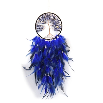 Natural Sodalite Tree of Life Hanging Ornaments, Woven Web/Net with Feather Pendant Decorations, 600x160mm