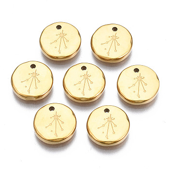 316 Surgical Stainless Steel Charms, Flat Round with Constellation, Real 14K Gold Plated, Libra, 10x2mm, Hole: 1mm