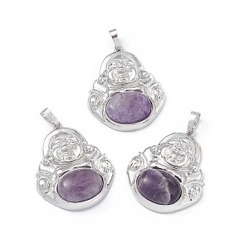 Natural Amethyst Pendants, Buddha Charms, with Platinum Tone Rack Plating Brass Findings, Cadmium Free & Lead Free, 39x32x9.5mm, Hole: 8x4.5mm