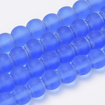 Transparent Glass Beads Strands, Frosted, Round, Royal Blue, 10mm, Hole: 1.5mm, about 33pcs/strand, 12.9 inch