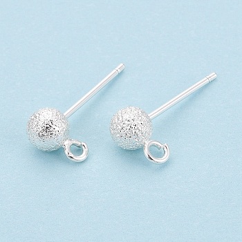Brass Ball Stud Earring Findings, with Loop, Textured Round, 925 Sterling Silver Plated, 8x5mm, Hole: 1.5~1.8mm, Pin: 0.8mm