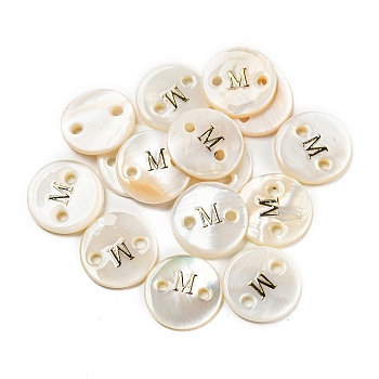 Freshwater Shell Buttons, Flat Round , Letter M, 12x2mm, Hole: 1.6mm