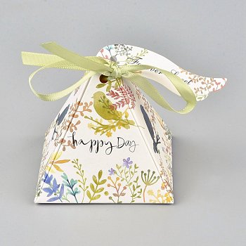Pyramid Shape Candy Packaging Box, Happy Day Wedding Party Gift Box, with Ribbon and Paper Card, Flower Pattern, Light Khaki, 7.5x7.5x7.6cm, Ribbon: 43.5~46x0.65~0.75cm, Paper Card: 7.5x2cm