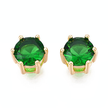 Brass Inlaid Cubic Zirconia Charms, Real 18K Gold Plated, Flat Round, Cadmium Free & Nickel Free & Lead Free, Green, 7.5x7.5x5mm, Hole: 1mm