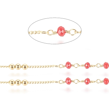 Brass Handmade Beaded Chain, Curb Chains, with Faceted Glass Bead, Long-Lasting Plated, Real 18K Gold Plated, Unwelded, with Spool, Red, 10x3mm, 45x2.8mm, about 32.8 Feet(10m)/roll