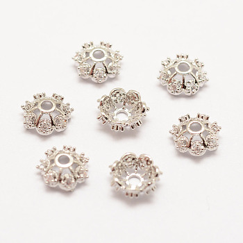 Long-Lasting Plated Brass Micro Pave Grade AAA Cubic Zirconia Bead Caps, Flower, Multi-Petal, Cadmium Free & Nickel Free & Lead Free, Real Platinum Plated, 8x3mm, Hole: 2mm