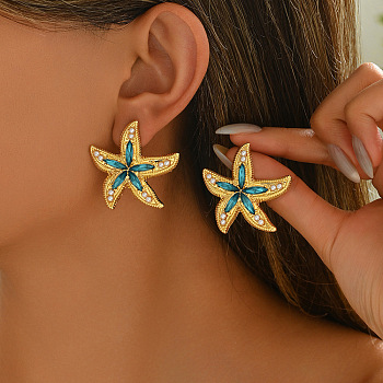 Starfish Zinc Alloy & Rhinestone Stud Earrings, with Plastic Pearl, Golden, 38x35mm