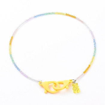 Rainbow Personalized Electroplate Glass Beaded Necklaces, Eyeglass Chains, Handbag Chains, with Resin Bear Pendants and Plastic Lobster Claw Clasps, Yellow, 19.49 inch(49.5cm)