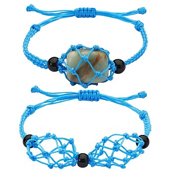 Adjustable Braided Nylon Cord Macrame Pouch Bracelet Making, with Glass Beads, Cornflower Blue, Inner Diameter: 1-7/8~3-1/4 inch(4.7~8.4cm), 2 styles, 1pc/style, 2pcs/set