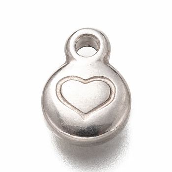 304 Stainless Steel Charms, Flat Round with Heart, Stainless Steel Color, 11.5x8x3mm, Hole: 2mm