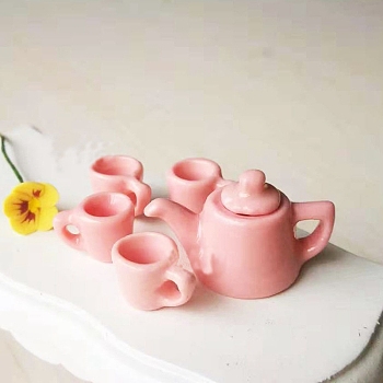 Mini Porcelain Tea Set, including 1Pc Teapot, 4Pcs Teacup, for Dollhouse Accessories, Pretending Prop Decorations, Pink, Teacup: 10x6x6mm, Teapot: 24x12x16mm