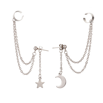 304 Stainless Steel Ear Cuff Drop Chains Stud Earrings, Star & Moon Asymmetrical Earrings for Women, Stainless Steel Color, 119mm, Pin: 0.8mm