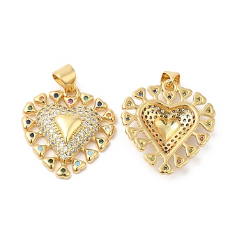 Brass Micro Pave Colorful Cubic Zirconia Pendants, Heart Charms, Real 16K Gold Plated, 21x19.5x4mm, Hole: 4.5x3.5mm