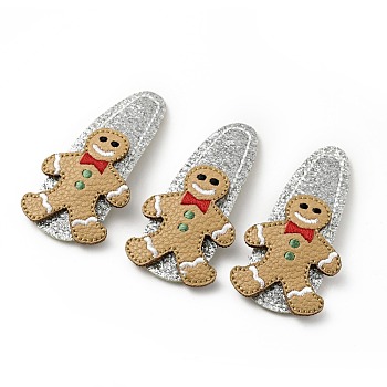 Christmas Gingerbread Man Glitter Gretel Fabric with PU leather Snap Hair Clips, with Iron Clips, Hair Accessorise for Girls, Tan, 56x26x4mm