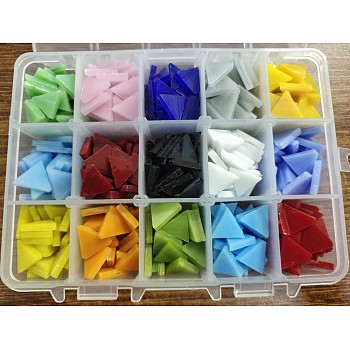 Opaque Glass Cabochons, Mosaic Tiles, for Home Decoration or DIY Crafts, Triangle, Mixed Color, 12x14x3~4mm, 15 colors, about 35pcs/color, 525pcs/box
