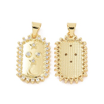 Rack Plating Brass Micro Pave Clear Cubic Zirconia Pendants, Rectangle with Star & Moon Charms, Golden, 22x13.5x3mm, Hole: 5x4mm
