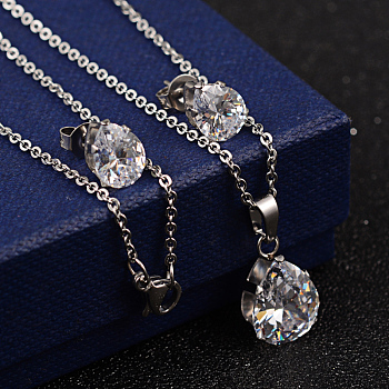 Teardrop 304 Stainless Steel Cubic Zirconia Pendant Necklaces and Stud Earrings, Clear, 17.7 inch, 9x7x6mm, Pin:0.8mm