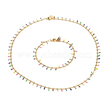 304 Stainless Steel Enamel Curb Chain Necklaces & Bracelet Set, with Chain Tabs, Jump Rings & Lobster Claw Clasps, Colorful, Golden, 19.2~44.3x0.15cm, 2pcs/set(SJEW-JS01217)