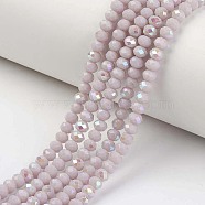 Electroplate Opaque Solid Color Glass Beads Strands, Half Rainbow Plated, Faceted, Rondelle, Thistle, 6x5mm, Hole: 1mm, about 83~85pcs/strand, 38~39cm(EGLA-A034-P6mm-L08)