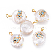 Natural Cultured Freshwater Pearl Pendants, with Brass Micro Pave Cubic Zirconia Findings, Nuggets with Fish, Golden, Deep Sky Blue, 17~26x11~16x5~11mm, Hole: 1.6~2mm(PEAR-L027-30B)
