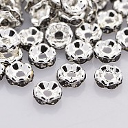 Brass Rhinestone Spacer Beads, Grade A, Wavy Edge, Silver Color Plated, Rondelle, Black Diamond, 8x3.8mm, Hole: 1mm(RB-A014-L8mm-12S)