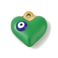 304 Stainless Steel Enamel Pendants, Golden, Heart with Evil Eye Charm, Medium Sea Green, 17x17x6.5mm, Hole: 1.8mm(STAS-M071-02H)