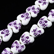 Handmade Porcelain Ceramic Beads Strands, Flower Printed, Heart, Purple, 15x15x7mm, Hole: 3mm, about 23pcs/strand, 12.8 inches(32.5cm)(PORC-S502-041F)
