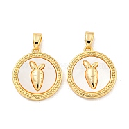 Natural White Shell Pendants, Rack Plating Brass Flat Round with Carrot Charms, Real 18K Gold Plated, 19x17x3.5mm, Hole: 5.5x3mm(KK-A214-19G)