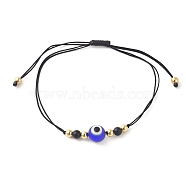 Fashion Braided Bead Bracelets, with Natural Black Agate(Dyed) Beads, Evil Eye Lampwork Beads, Brass Beads and Nylon Thread, Black, 10-3/8 inch(26.4cm)(BJEW-JB04835-02)
