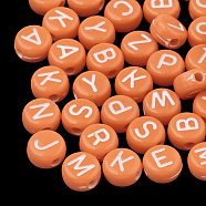 Opaque Acrylic Beads, Horizontal Hole, Mixed Letters, Flat Round with Letter, Random Letters, Dark Orange, 7x4mm, Hole: 1.5mm(X-MACR-S273-11F)