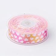 Single Face Satin Ribbon, Polyester Ribbon, Heart Pattern, Pearl Pink, 1 inch(25mm), about 100yards/roll(91.44m/roll)(SRIB-D061-25mm-03)