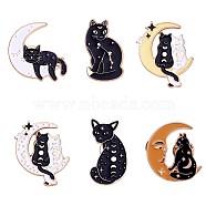 6Pcs 6 Style Moon Phase Cat Enamel Pins, Golde Plated Alloy Cute Animal Badges for Backpacks Clothes Party Decoration, Mixed Color, 29~32x17~31mm, 1Pc/style(JBR079A)