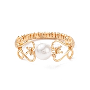 Shell Pearl Braided Finger Ring, Brass Wire Wrap Jewelry for Women, Light Gold, US Size 7 3/4(17.9mm)(RJEW-TA00050)