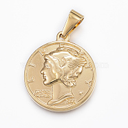 304 Stainless Steel Coin Pendants, Flat Round, Golden, 29x25x3.5mm, Hole: 9x4.5mm(X-STAS-H372-09G)