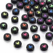 Opaque Black Acrylic Beads, Flat Round with Mixed Color Heart, 7x3.5mm, Hole: 1.8mm, about 3700pcs/500g(MACR-S273-40)