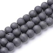 Electroplated Natural Druzy Geode Agate Bead Strands, Matte Style, Round, Gray Plated, 8~9mm, Hole: 1mm, about 46pcs/strand, 14.7 inch(G-R345-8mm-52)