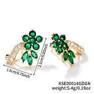 Elegant Brass Rhinestone Leaf Stud Earrings, with Delicate Design and Sparkling Details, Golden, Emerald, 21x19mm(FM5419-4)